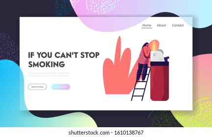 Smoking Addiction Causing Harm to Health Problem, Cancer Website Landing Page. Tiny Woman Stand on Ladder Light Cigarette from Huge Burning Lighter Web Page Banner. Cartoon Flat Vector Illustration