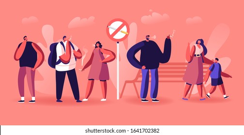 Smoking Addiction Concept. People Smoke Cigarettes in Public Place near Prohibited Sign in Park. Characters Have Bad Habit, Angry Woman with Child Admonish Smokers. Cartoon Flat Vector Illustration