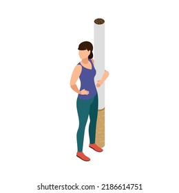 Smoking addiction isometric concept with female character hugging giant cigarette 3d vector illustration