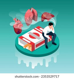 Smoking addiction isometric concept with male smoker and damaged organs vector illustration