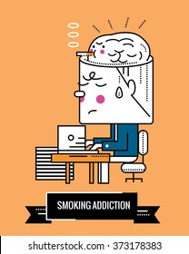 Smoking Addiction. Nicotine a mental illness. Character thin line flat design. vector illustration