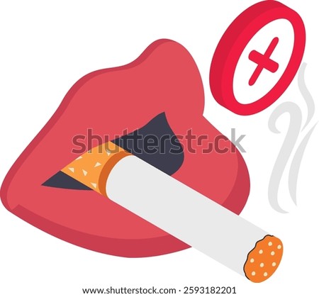 Smoking Affects the Mouth isometric Concept, Sexy Lips Smoking Cigar Vector color icon Design, No Tobacco day Symbol, Quit smoking Sign, Cigarette or Smoker Stock Illustration