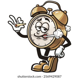 Smoking Alarm Clock Cartoon Character Mascot Illustration Vector Clip-art Hand-drawn Logo Design