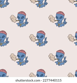 Smoking alien vector seamless pattern. Repeat elements background for textile, design, fabric, cover etc.