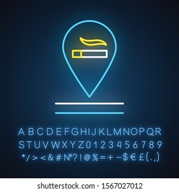 Smoking allowed neon light icon. Smoking area sign. Ventilated room for smokers in public building. Apartment amenities. Glowing sign with alphabet, numbers and symbols. Vector isolated illustration