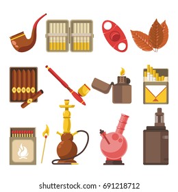 Smoking appliances and cigarettes accessories vector flat isolated icons set
