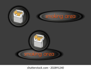 smoking area buttons with pack of cigarettes, vector