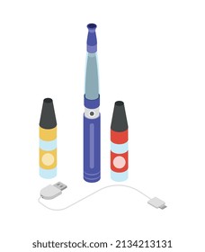 Smoking area composition with isolated images of electric vape pens with charging cable vector illustration