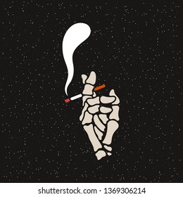 Raucherbereich. Einzige Vektorgrafik-Illustration. Skelett, das eine Zigarette hält. Handgezeichnete lineare Skizze.