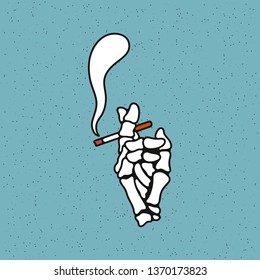 Smoking area. Isolated vector cartoon illustration on grunge texture background. skeleton hand holding a cigarette. Hand drawn linear sketch.