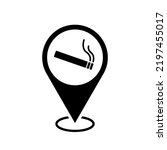 smoking area location map pointer, cigarette icon with location pin, black symbol isolated on white background, vector marker, smoking zone sign