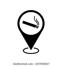 smoking area location map pointer, cigarette icon with location pin, black symbol isolated on white background, vector marker, smoking zone sign