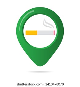 Smoking area marker map pin icon sign with flat design gradient styled cigarette in the green circle. Symbol of the smoking area in the map apps isolated on white background