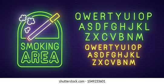 Smoking area neon sign, bright signboard, light banner. Smoking area logo, emblem and label. Neon text edit