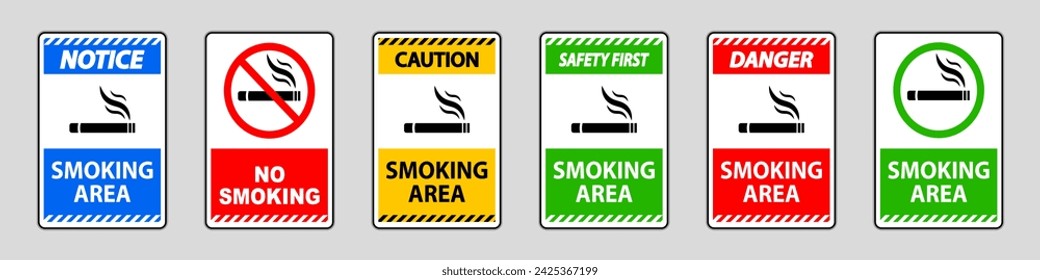 Smoking area, no smoking caution forbidden sign collection. No smoking and smoking area labels