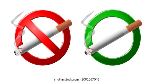 Smoking area and No smoking sign set with realistic cigarette in the forbidden red circle. Symbol of the smoking area isolated on white background