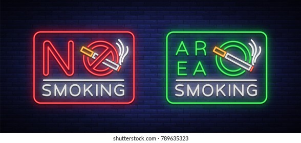 Smoking area and no smoking vector neon signs. Neon symbol, a luminous sign is a place for smoking. Neon sign of smoking ban. Bright sign, luminous banner