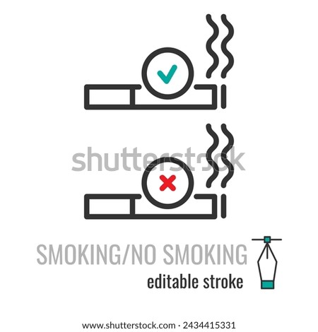Smoking area and non smoking area line icons. Zone Smoke symbol. Smoking and do not smoking pictogram. Smoke and not smoke forbidden sign set. Vector graphics illustration EPS 10. Editable stroke