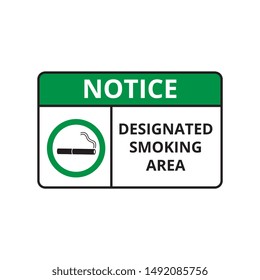 Smoking area notice with inscription for signboard or label the vector illustration isolated on white background. Green banner to mark a cigarettes and vaping allowed zones.