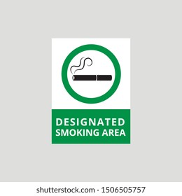 Smoking area poster isolated on grey background, flat cigarette icon on green circle frame with designated zone text, lit cigar with smoke symbol - vector illustration