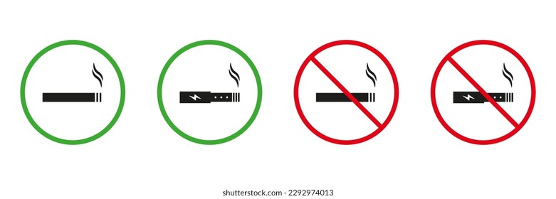 Smoking Area Red and Green Signs. Smoking Tobacco, Nicotine Cigarette, Vaping Silhouette Icons Set. Allowed and Prohibited Smoke Zone Pictogram. Isolated Vector Illustration.