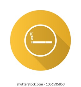 Smoking area sign flat design long shadow glyph icon. Circle with burning cigarette inside. Vector silhouette illustration