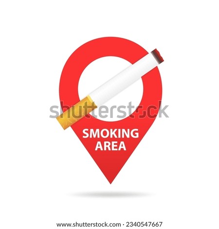 Smoking area sign. Smoking area location map pointer, cigarette icon with location pin, black symbol isolated on white background, vector marker, smoking zone sign. Vector illustration