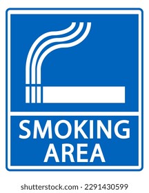 Smoking area sign with silhouette of cigarette and smoke on blue background. Text below.