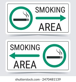 Smoking area signs with direction arrow. Designated smocking area signs. Cigarette, smoke and green allowed circle. Vector illustration