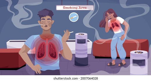 Smoking area with suffering from lung disease smokers in cigarettes smoke curls flat health awareness banner vector illustration