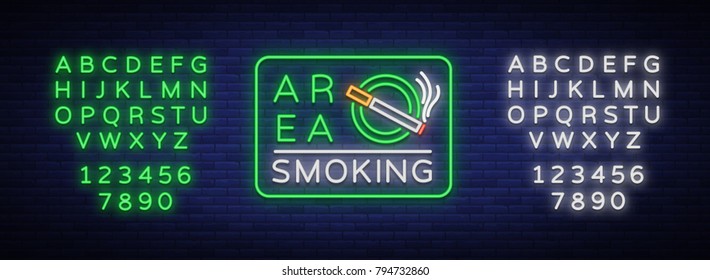 Smoking area is a vector neon sign. Neon symbol, a luminous sign is a place for smoking. Bright sign, luminous banner. Editing text neon sign. Neon alphabet