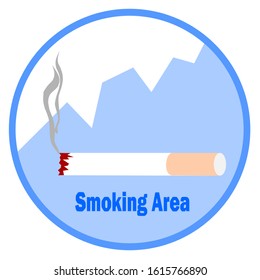 smoking area, vector symbol, label with burn cigarette, element flat style isolated on white and blue background