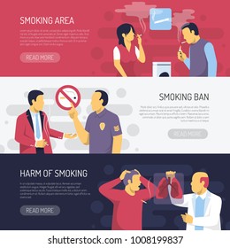 Smoking areas ban and tobacco health effects 3 horizontal colorful background banners webpage design isolated vector illustration 