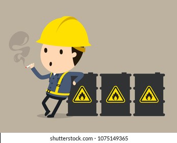 Smoking around dangerous substances, Vector illustration, Safety and accident, Industrial safety cartoon