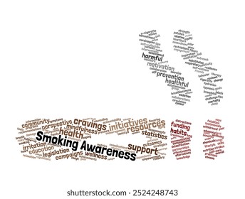 Smoking Awareness Word Cloud. Composition of Words Related to Tobacco, Health Risks, and Addiction. Informative Background.