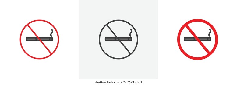 Smoking ban flat thin line icon collection.
