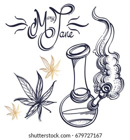 Smoking bong for marijuana with Mary Jane lettering. Vector monochrome illustration isolated on white background