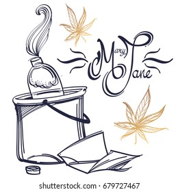 Smoking bong for marijuana with Mary Jane lettering. Vector monochrome illustration isolated on white background