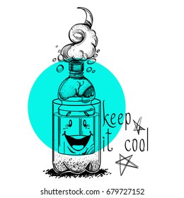 Smoking bong for marijuana with smiling face and place for text. Vector monochrome illustration isolated on white and turquoise background
