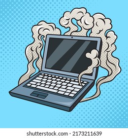 smoking broken laptop pop art retro vector illustration. Comic book style imitation.