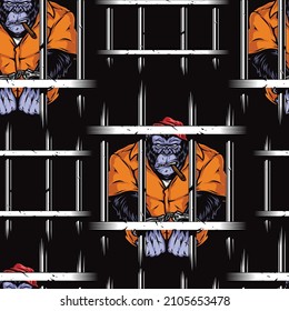 Smoking brutal gorilla in handcuffs behind jail bars seamless pattern, vector illustration