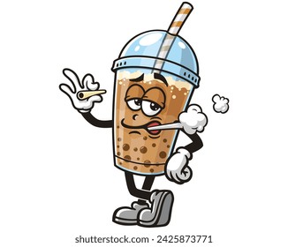 smoking Bubble tea cartoon mascot illustration character vector clip art hand drawn