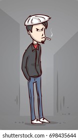 Smoking bully character. Hand drawn cartoon russian gopnik.