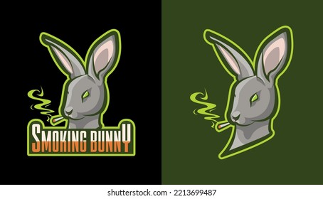 Smoking Bunny Mascot Logo Design, Cigarette Smoke, Cool Grey Rabbit Vector, Cigar Store Cartoon, Modern Badge, Esports, Cigarette Store Illustration Set, Vaping Rabbit, Streamer Icons, Isolated