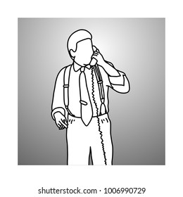 smoking businessman with suspenders or braces using desk telephone vector illustration doodle sketch hand drawn with black lines isolated on gray background. Business concept. 