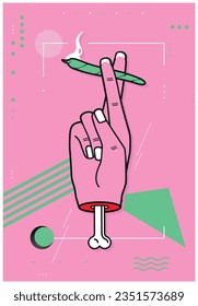 Smoking cannabis bone hand vecotr. Cannabis, weed, thc, cbd art. Artistic geometric weed. Retrowave, trippy, aesthetic, weird design