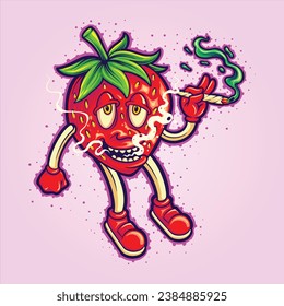 Smoking cannabis funny strawberry weed strain vector illustrations for your work logo, merchandise t-shirt, stickers and label designs, poster, greeting cards advertising business company or brands