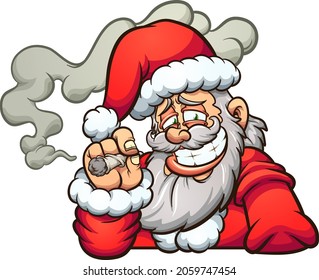 Caricatura de fumadores de Santa Claus. Ilustración de imágenes prediseñadas vectoriales con gradientes simples. Santa y humo en capas separadas.
