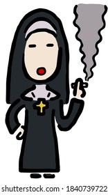 Smoking Catholic Nun : Hand drawn vector illustration like woodblock print