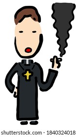 Smoking Catholic Priest : Hand drawn vector illustration like woodblock print